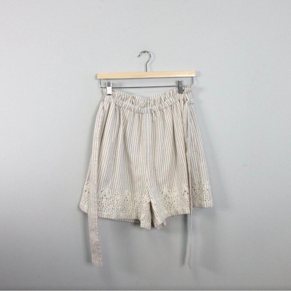 Johnny Was Jade Ciana Paper Bag Short Women L Beige Stripe Linen Cotton Belt 261 - Picture 10 of 10